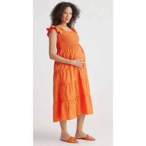 Quince Organic Cotton Maternity‎ Smocked Midi Dress Vermilion Red XL CMA01-3883